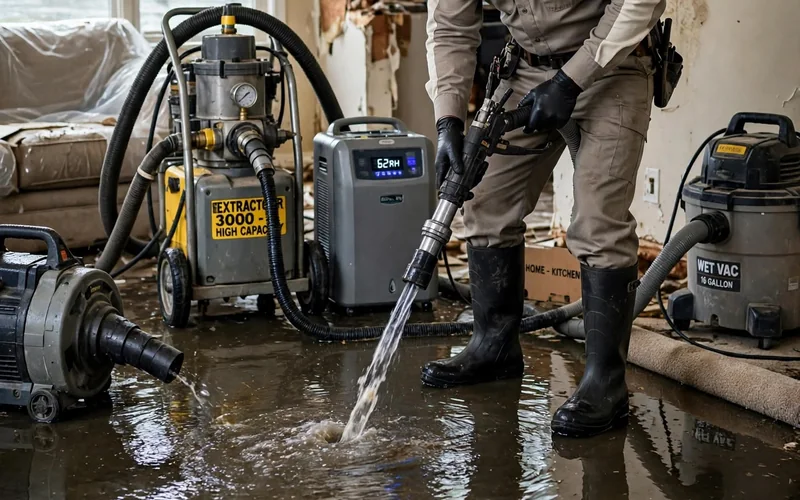 Technician using an extraction wand on a flooded floor